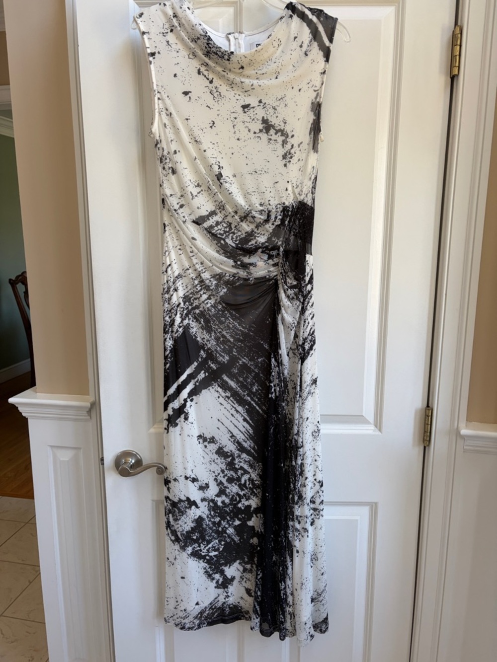 DKNY Black and White Abstract Cowl-Neck Maxi Dress